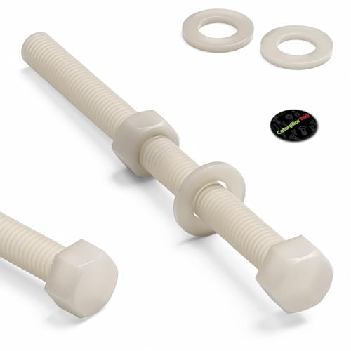 Image of 5X Natural Nylon PA66 Hex Head Plastic Bolts, Nuts & Washers, M12 x 150 mm, Fastener, (15 /32 x 5 29 /32 in)