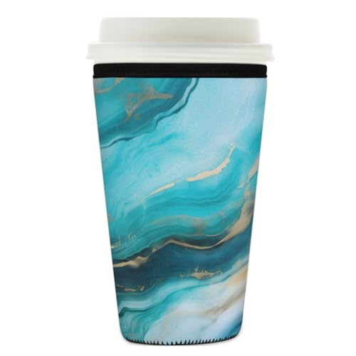 Myfsucce Funda reutilizable para taza de café, funda de neopreno para café helado con estampado de textura de mármol verde azulado, 2 mm de grosor, tamaño de 26 a 28 onzas