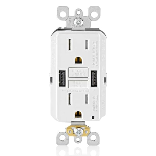 Leviton 15A SmartlockPro GFCI Combination Type A USB In-Wall Charger Outlet, USB Charger for Smartphones and Tablets, GUSB1-W, White