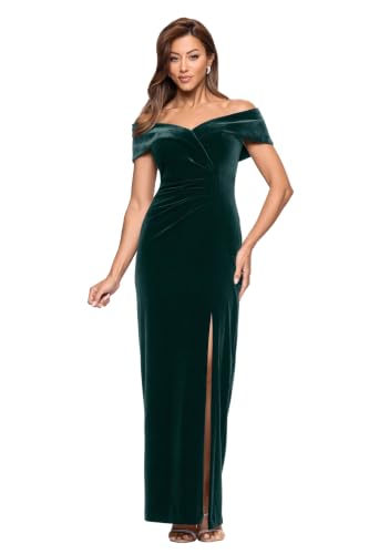 Image of Xscape Women's Long Velvet Off-The-Shoulder Sweetheart Neckline Dress with Leg Slit and Center Back Zipper, Hunter, 12
