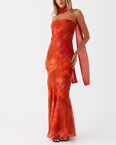 Image of Women Strapless Floral Dress with Sarf Mesh Tube Maxi Dress Summer Cocktail Wedding Guest