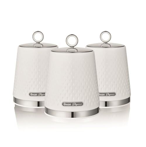 SWAN Elegance SWKA18533WHT Set of 3 Kitchen Storage Canisters for Tea, Coffee, and Sugar with Textured Gloss Finish and Stainless Steel Accents, 1.3L, White