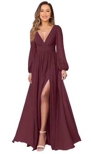 Chiffon Bridesmaid Dresses with Slit for Wedding V-Neck Formal Dress Long Sleeve Prom Evening Gowns for Women
