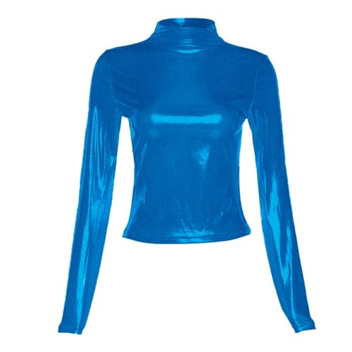 Image of Women's Shiny Metallic Short Sleeve T Shirt Sexy Mock Neck Slim Crop Top Party Disco Club Tees