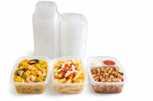 Atakito Envases desechables para alimentos con tapa bisagra – Taper plástico transparente para comida – Recipientes PP resistentes para hostelería, take away, delivery y almacenamiento (50, 500 cc)