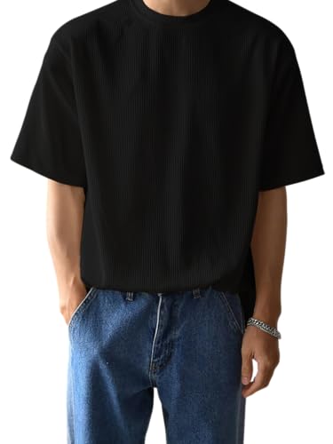 Image of GRECIILOOKS Men's Polycotton Textured Drop Shoulder Oversized Fit T-Shirt
