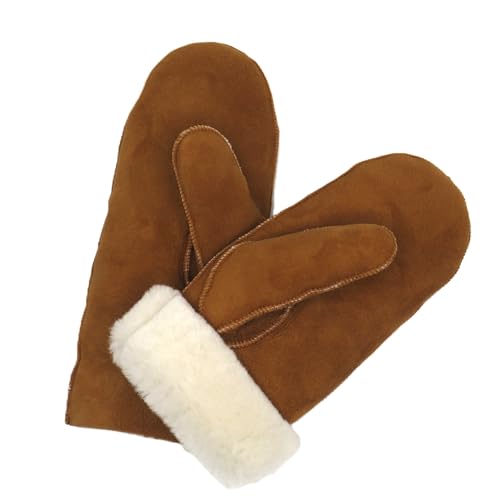 SUPER s6x Lammfell Handschuhe Fäustlinge, Fausthandschuhe Merino Lammfell, (M) Cognac - braun - olive, Damen - Größenbeschreibung siehe Produktbeschreibung