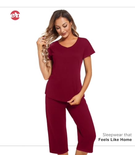 Image of ENJOYNIGHT Womens Pajama Sets Cotton Pj Set Short Sleeve Top With Capri Pants Sleepwear 2 Piece Lounge Set