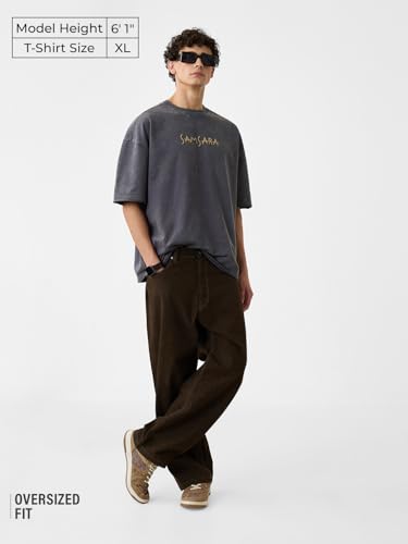 Image of The Souled Store Samsara Men and Boys Short Sleeves Round Neck Grey Graphic Printed Cotton Super Oversized T-Shirts