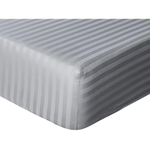 Sleepdown Hotel Quality Fitted Sheet 100% Cotton Satin Stripe Warm Cosy Breathable Super Soft Bedsheet Bed Linen Easy Care 32cm Extra Deep Pockets - Grey - Double Cover