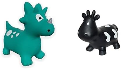 Toy Bundle Includes (1) Dinosaur Bounce & Ride-on Inflatable Hopper Toddler Toy with Pump and (1) Black Cow Bounce & Ride-on Inflatable Hopper Toddler Toy with Pump