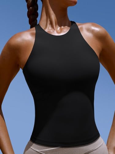 Image of LASLULU Womens High Neck Workout Tank Tops with Built in Bra Strappy Back | Low to Medium Impact,Longline Halter Neck Sports Bra,Fitted Compression,Padded Athletic Yoga Running Gym Pilates Tank Tops