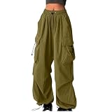 nhApmj Women Cargo Pants High Waist Baggy Casual Solid Parachute Trousers Lightweight Fall Loose Fit Y2K Streetwear with Multi Pockets
