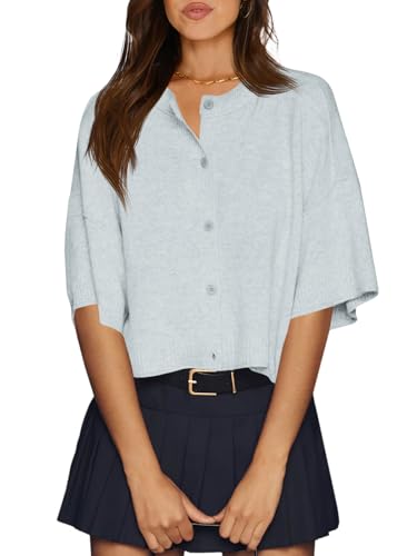Cicy Bell Womens Half Sleeve Cardigan Sweaters Cropped Button Down Tops Oversized Lightweight Ribbed Knit Summer Outfits Grey Blue