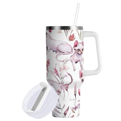 GuoChe Vaso al vacío de 40 onzas con pajilla, resistente a fugas, diseño de gatos dulces, botella de agua de viaje, reutilizable, aislada, taza de café con tapa para casa, oficina, coche