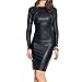 Produktbild Shujin Damen Winter Langarm oder Armellos elegant Midi Bleistiftkleid Bodycon Clubwear Leder Dress in Latex Leder Lack Optik (M, Schwarz)