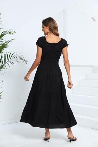 Image of OSTOO Women's Floral Maxi Dress Boho Summer Short Sleeve Smocked Waist Tiered Long Dress