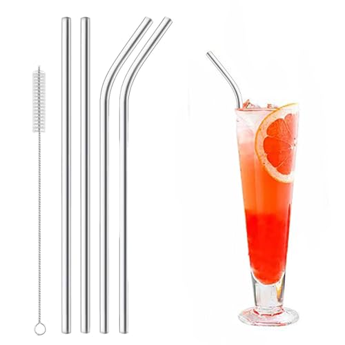 Dinghaole 4 Pcs Paille Inox Reutilisable (2 Droites + 2 Courbées), Pailles Bubble Tea avec 1 Brosses de Nettoyage, Paille Metal pour Cocktails, Lait Glacé, Thé, Milkshakes, Café Glacé