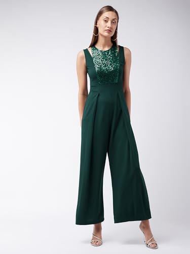 Image of Miss Chase Women's Halter Neck Sleeveless Solid Wide Leg Sequin Paneled Regular Length Jumpsuit