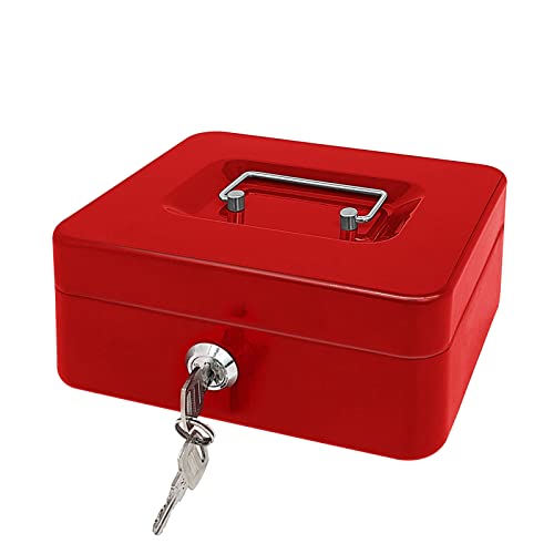Steel Cash Box With Key Lock, Metal Small Money Organizer With Money Tray,Cash Storage Box With Lockable Cover (Red - 8 Inch) #TOP4