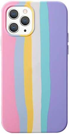 Yesunktt for iPhone 12 Pro Max Personalized Creative Cute Rainbow Stripes Liquid Silicone Protective Phone Case, Gradient Colorful for Girls, Women, Men,Pink