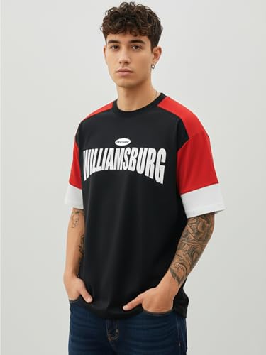 Image of LEOTUDE Men's Half Sleeve Cottonblend Printed Colourblocked Round Neck Drop Shoulder Oversized Tshirt for Man (Color Red)