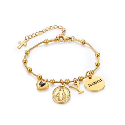Personalized Gold-Plated Virgin Mary Bracelet for Women – Custom Engraved Catholic Jewelry, Dainty Marian Medal Charm Bracelet, Baptism/Confirmation/First Communion Gift, Religious Gifts for Her