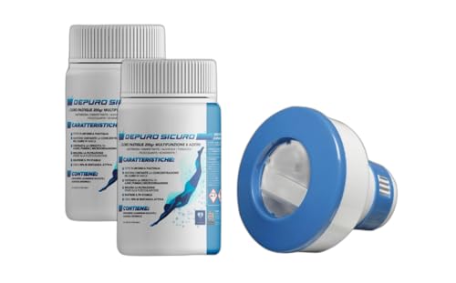 Cloro Kit Trattamento Acqua Piscina (Cloro + Dispenser Cloro), Cloro 6 Azioni 5 Pastiglie da 200gr Depuro Sicuro + Dispenser Dosatore NP4013 (2 Kg)