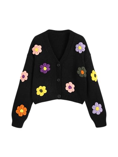 CIDER Women's Floral Cropped Cardigan Cute Flower V Neck Button
