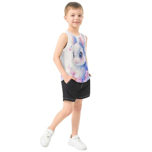 Boys Tank Top Shirts Watercolor Rabbit Pink Flower Bunny Sleeveless T-Shirts Crew Neck for Kids Clothing Children4