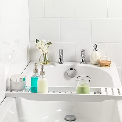 Beldray LA065018WHTUFEU7 Antibac Bamboo Bath Rack, Wooden Bathtub Tray, Perfect for Organising Bathroom Space, Sturdy, Bath Caddy, Candle, Cosmetics, Toiletries Storage Tray, White