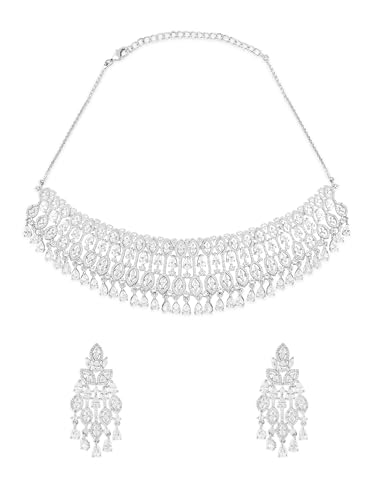 Image of ZAVERI PEARLS Silver Tone Dazzling Cubic Zirconia Brass Choker Necklace & Earring Set For Women-ZPFK17340