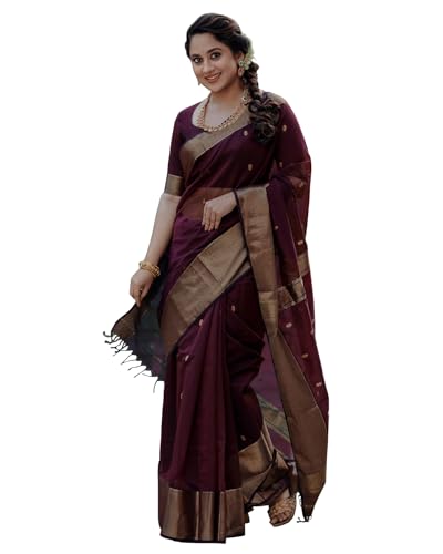 Image of Sugathari Women's Maroon Banarasi Kanchipuram Art Silk Saree for Women - Traditional Wedding & Party Saree with Blouse Piece - Ethnic Indian Silk Saree for Bridal, Festive (KS-156)