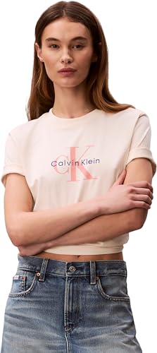 Calvin Klein Donna T-Shirt Maniche Corte Hero Classic Monologo Tee con Scollo Rotondo, Beige (Calico), XS