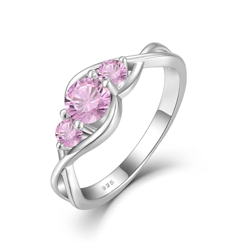 STARCHENIE 3-Stone Pink Promise Ring for her 925 Sterling Silver Infinity Wedding Engagement Birthstone Ring for Women Size 10