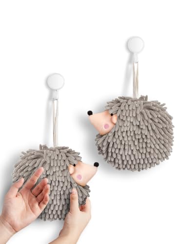 Image of Sophie & Panda Fuzzy Ball Hand Towels (Set of 2) - Dry Your Hands Instantly and conveniently with This Creative Hand Towel Hedgehog Decorative Towels for Bathroom (Pack of 2, Gray)