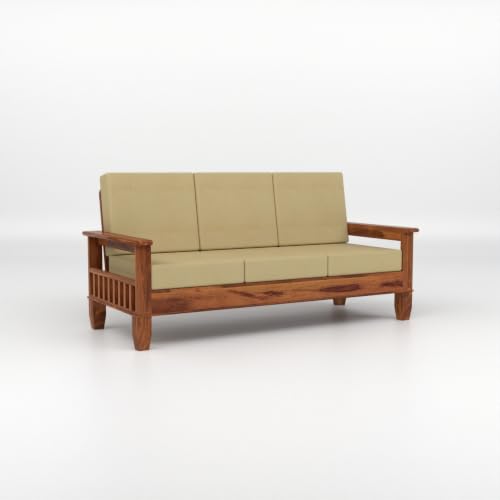 Image of Solid Sheesham Wood 5 Seater Sofa Set for Living Room | Premium Wooden Sofa with Side Magazine Rack | High-Density Cushioned Fabric Seats | Modern Home Furniture