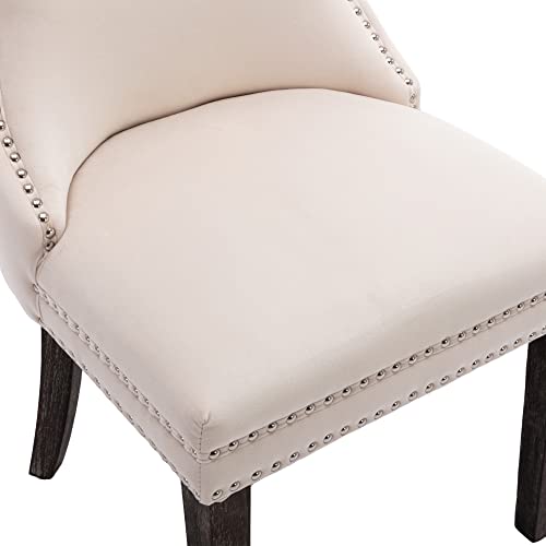 Kcc Velvet Dining Chairs Set Of 4, Tufted Upholstered Wingback High-End Dining Kitchen Chair With Nailhead Solid Wood Legs, Contemporary Nikki Collection Modern Style, Beige #TOP5