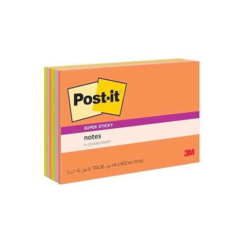 Post-it Super Sticky Notes, 8 Sticky Note Pads, 6 x 4 in., Ideal for Organization in Your Dorm, Home or Office, Energy Boost Collection