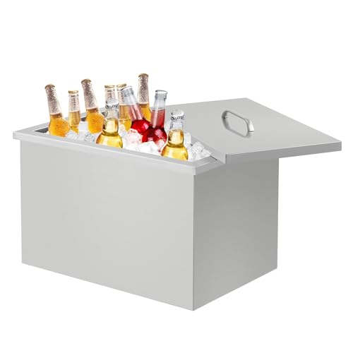 BoundLiving Built-in Commercial Ice Chest – Stainless Steel Drop-in Ice Bin with Hinged Lid, Drain Plug & Pipe for Outdoor Kitchen, Bar & Event Use