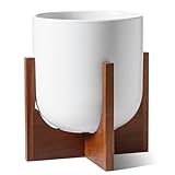 LE TAUCI 10 Inch Plant Pot with Acacia Wood Stand, Ceramic Planters for Indoor Plants, Unique Plant Pots Indoor for Home Decor, Mid-Century Modern Pots for Plants with Drainage Hole and Plug, White