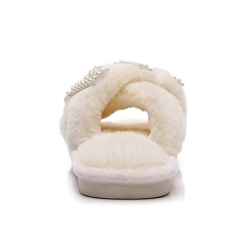 MRS Bride Slippers for Wedding White Bridal Slippers with Initial Pearl Cross Band Open Toe Shoes for Bride to Be and Bachelorette Gifts3