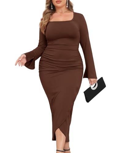 Image of ZOMVA 2024 Plus Size Cocktail Dress Comfortable Bell Sleeves Wedding Guest Square Neck Semi Formal