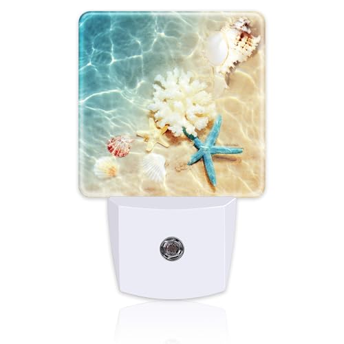 Image of Starfishs Seashells and Coral Night Light, Summer Beach Sea Water Marine Life Dusk to Dawn Night Light Plug in,0.5w Energy Saving Sleep Friendly NightLight for Kids Boys Girls Home Decor