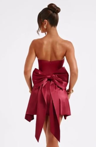 A Line Strapless Short Homecoming Dresses for Teens with Pockets Satin Cocktail Party Gowns for Women with Bow3