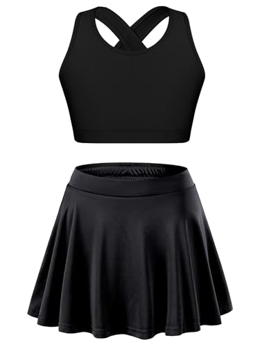 Kids Girls Plain Crop Top & Skater Skirt Set Tennis Golf Outfit 2 Piece Sport Training Tacksuit Set Activewear Black 10 Years