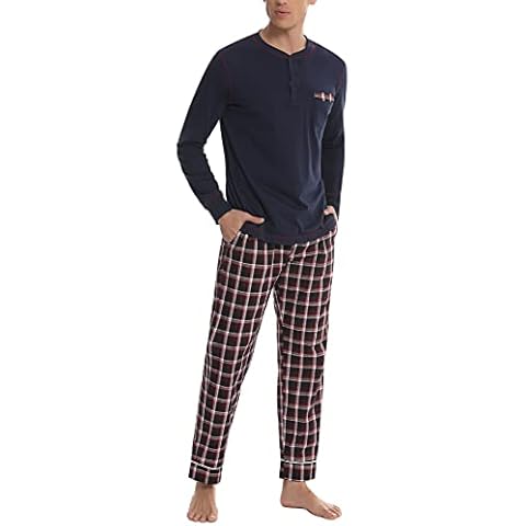 Litherday Men's Pyjamas Sets Soft Long Sleeve Cotton Sleepwear Top and Check Bottoms Lounge Wear Pjs Set with Pockets S-XXL(E-Dark Blue,L) Cover