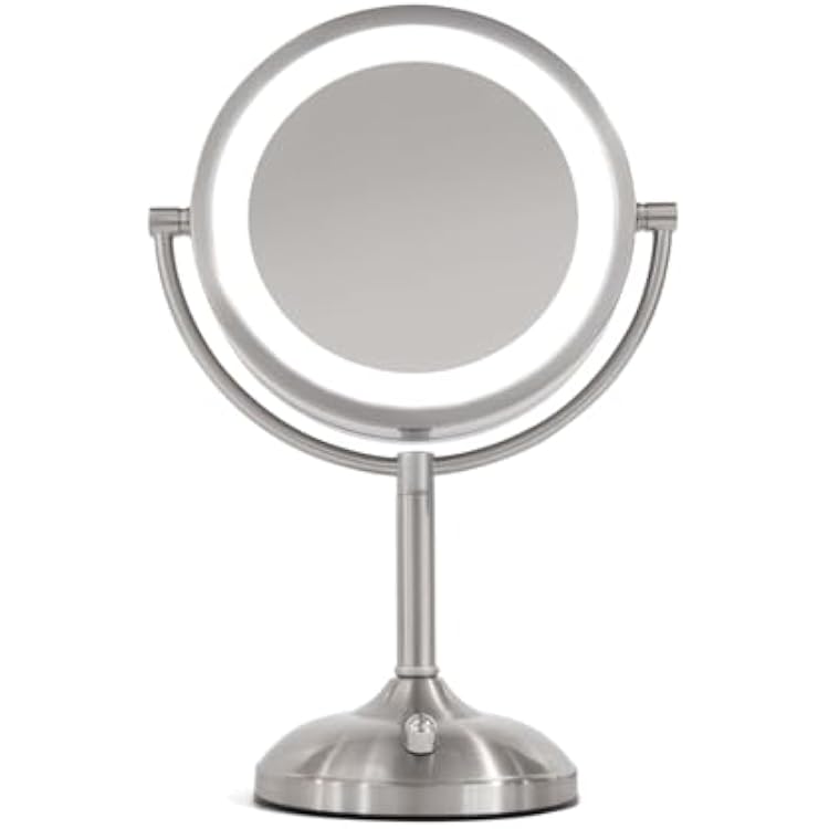 JERDON Lighted Tabletop Mirror with 10X/1X Magnification - LED Lighted Makeup Mirror with Multiple Light Settings in Nickel Finish - 8.5-Inch Diameter Vanity Mirror - Model JS8510BN