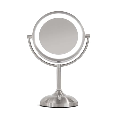 JERDON Lighted Tabletop Mirror with 10X/1X Magnification - LED Lighted Makeup Mirror with Multiple Light Settings in Nickel Finish - 8.5-Inch Diameter Vanity Mirror - Model JS8510BN