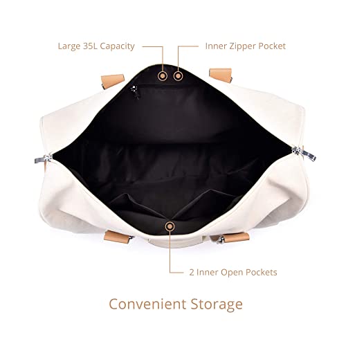 Weekender Bag for Women - Womens Overnight Bag Large Travel Bags - Gym, Hospital Weekend Carry On Tote Duffle Bag Canvas Luggage Duffel Vegan Leather with Small Shoe Compartment (Beige)